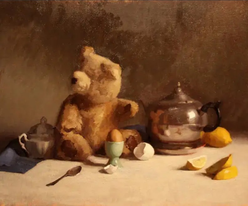 Joseph Alter (born in California 1984). Breakfast with Teddy. 2012. 45x55 cm oil on linen. Private collection