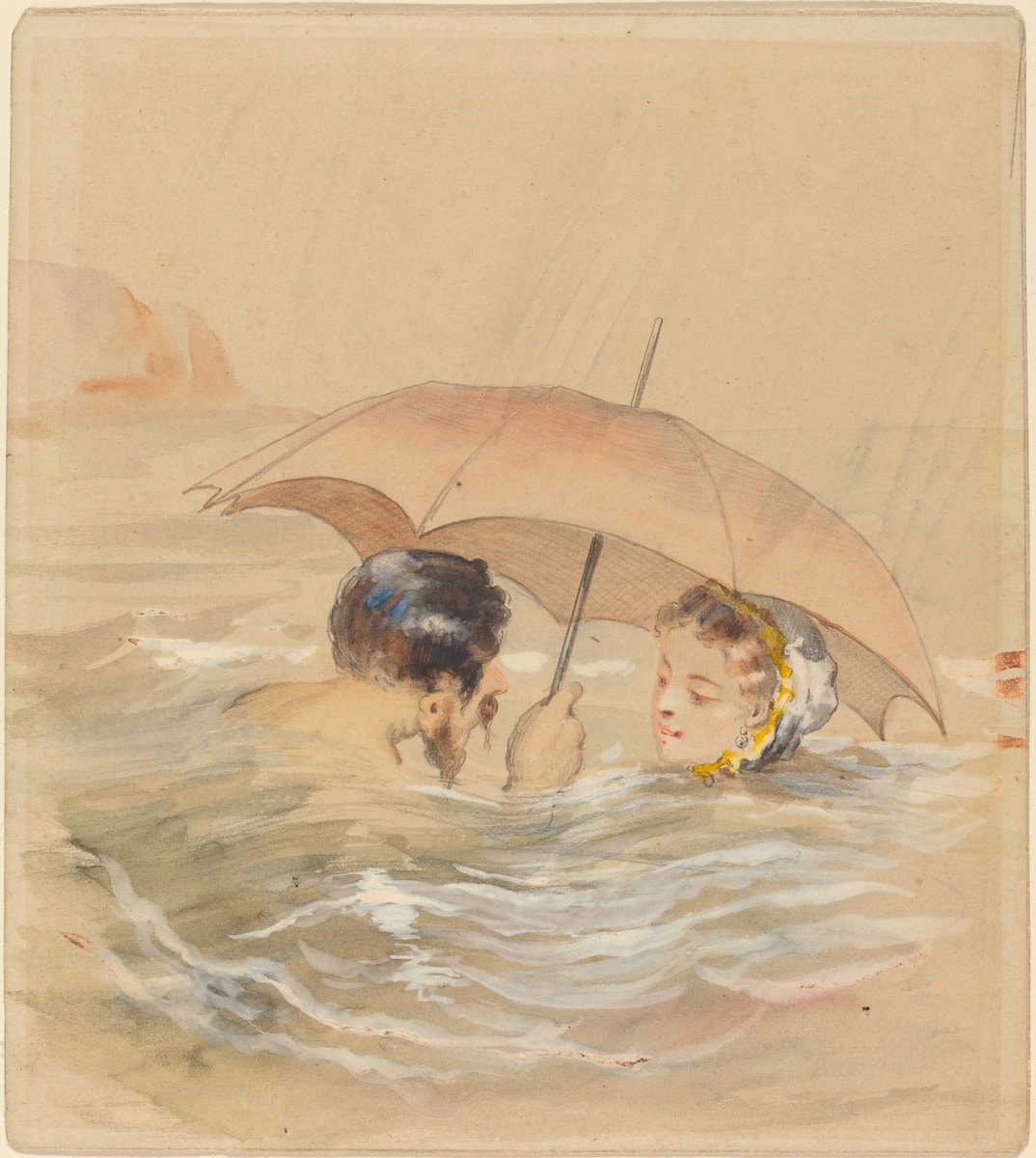 Alfred Grévin. Male and Female Bathers with Umbrella. 1905. Watercolor and gouache over graphite on heavy wove paper. National Gallery of Art, USA