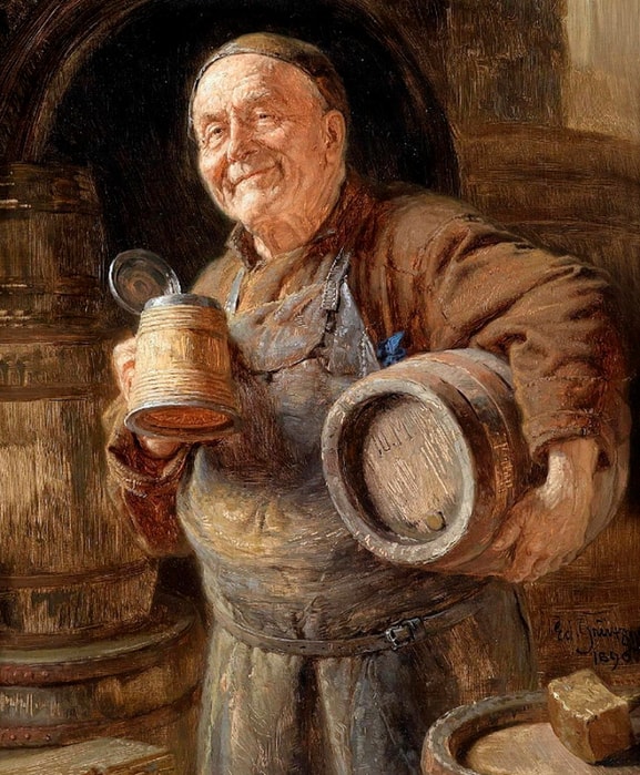 Eduard von Grützner. The satisfied winemaker. Oil on panel. 1896.