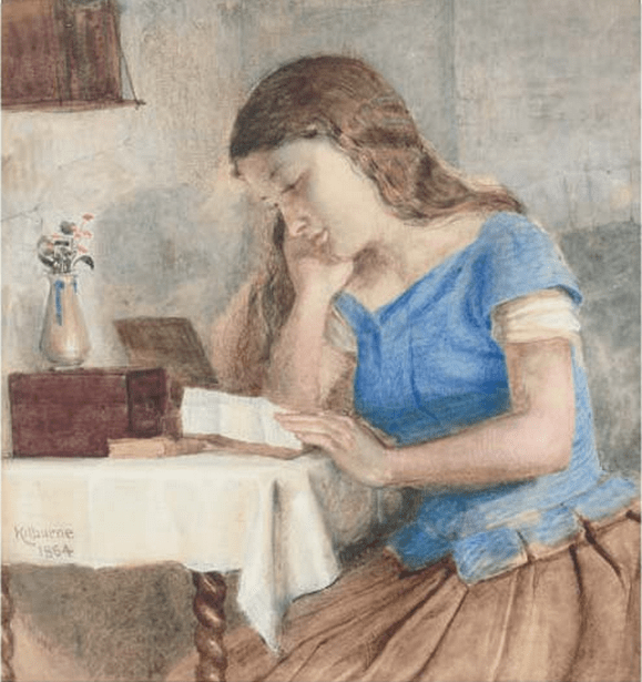 George Goodwin Kilburne (1839-1924). Engrossed in the letter. 1864. Pencil and watercolour. 22.8 x 19 cm.
