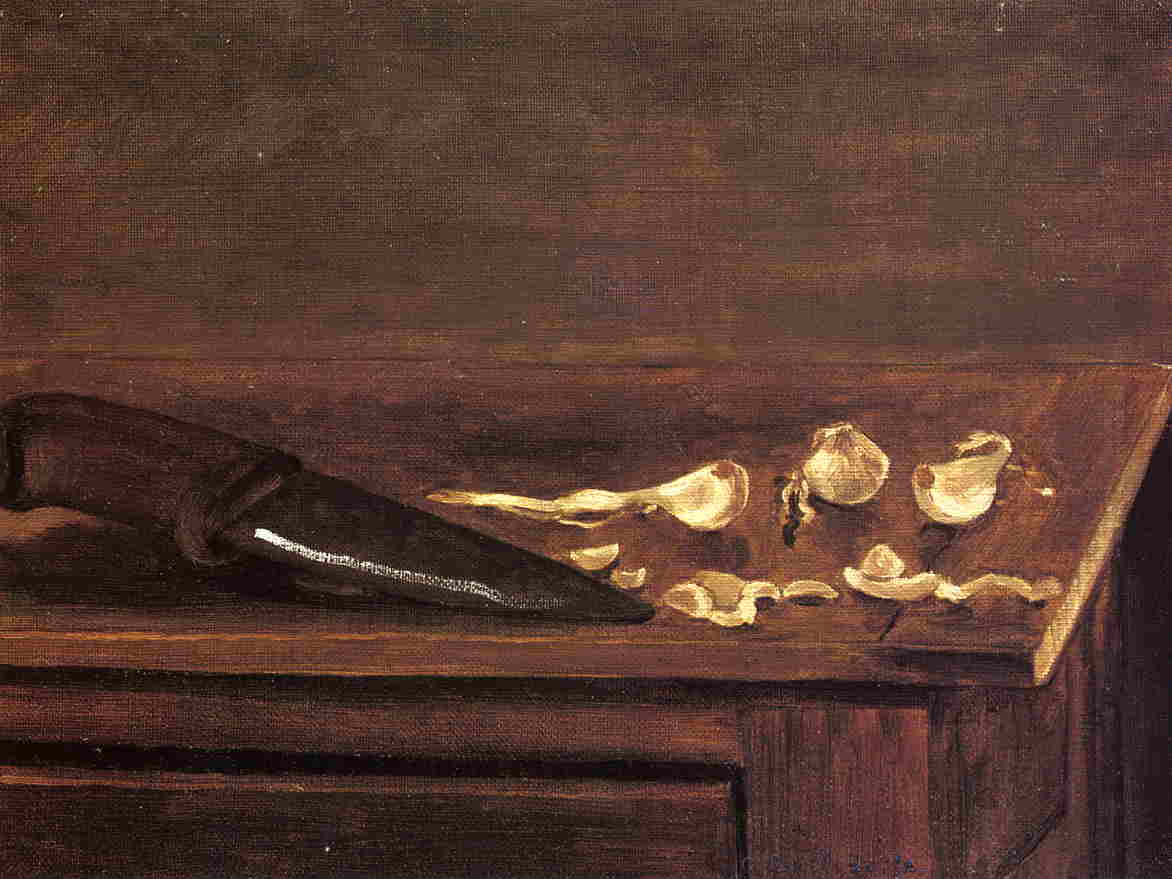 Gustave Caillebotte. Garlic Cloves and knife on the corner of a table. 1871-1878. Private collection. Oil on canvas