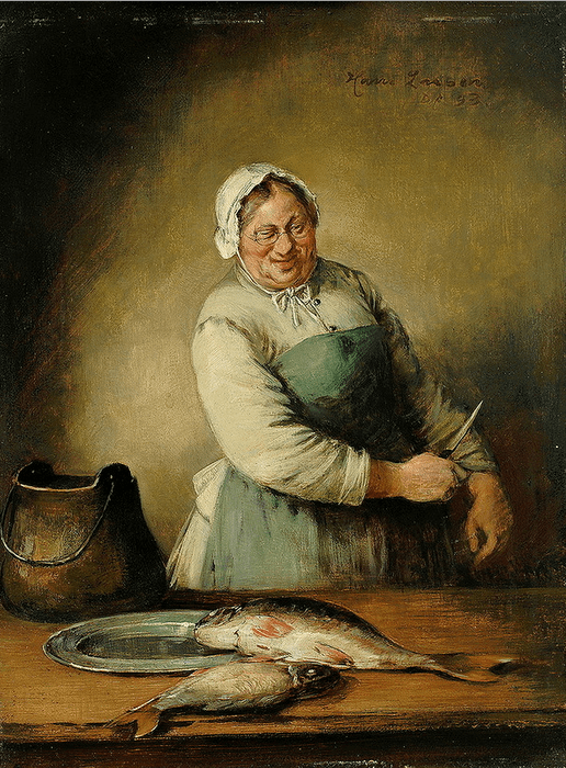Hans August Lassen (Geb. 1857). Cook and fish.
