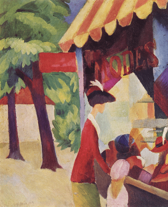 Macke, August. Vor dem Hutladen (Frau mit roter Jacke und Kind). 1913.