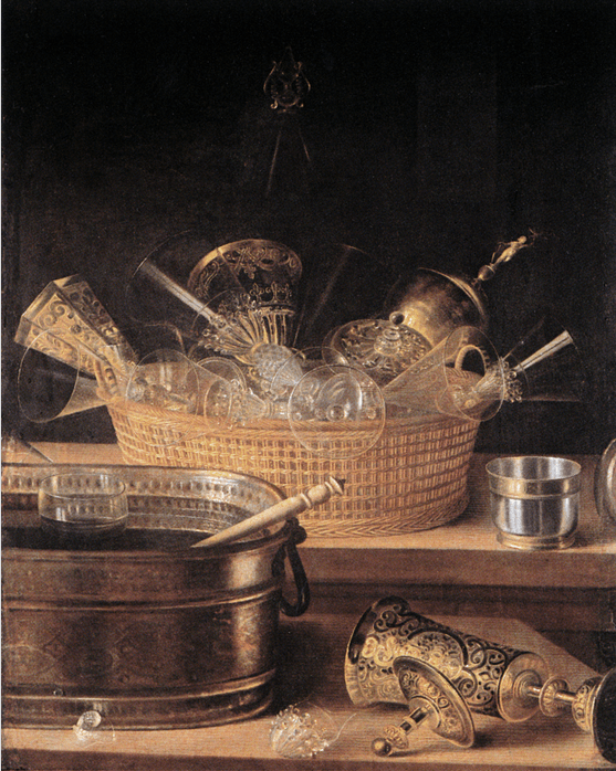 Sebastian Stoskopff, Metallgefässe und Gläser in einem Korb. undated, prior to 1657.
