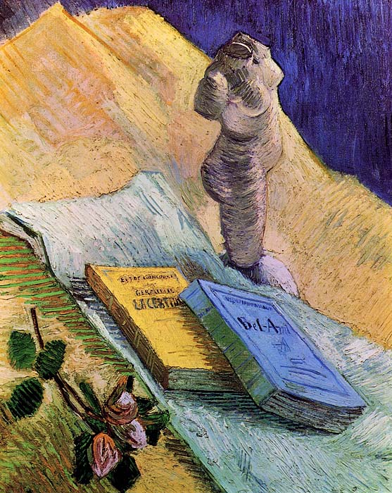 Vincent van Gogh. Still Life with Plaster Statuette, a Rose and Two Novels. Oil on canvas. Paris, December, 1887. Kröller-Müller Museum