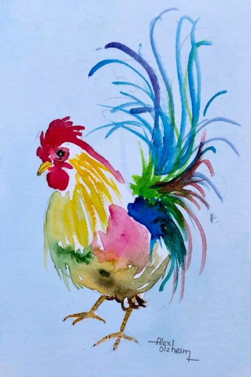 Alex Olzheim. Postcard. Rooster. Watercolor